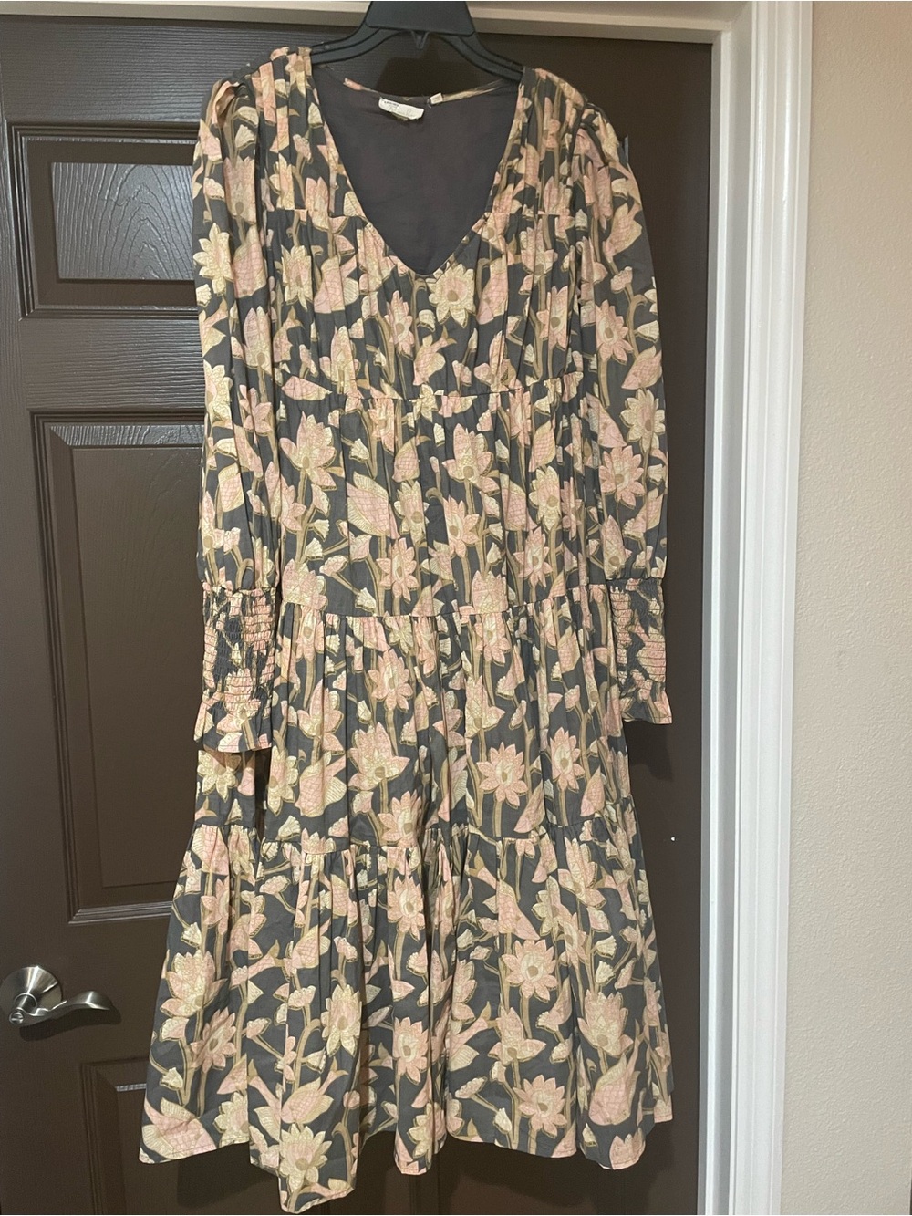 Anthropologie Pink Floral V-Neck Tiered Maxi Dress